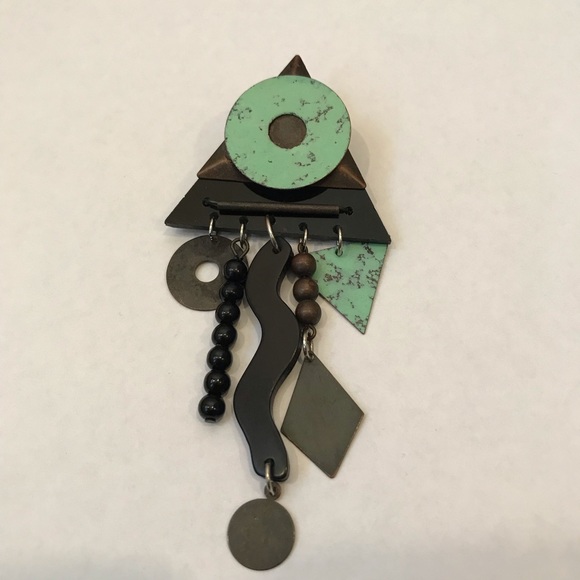 Vintage Jewelry - Vintage 1980s Triangle Pin Mint Green Black Bronze